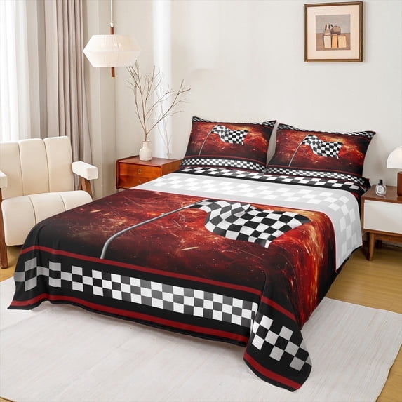 Manfei Modern Motorcycle Full Sheet Sets, Extreme Sports Sheet Set Full, Checkered Geometric Bed Sheets Set Full Size, Microfiber Bedroom Decoration, 4pcs
