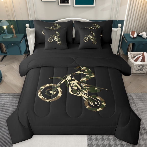 Manfei Modern Motorcycle Player Bedding Comforter Set 7pcs, Camo Dirt Bike King Bedding Sets, Teens Kids Boys Girls Reversible Bed Sheets, Microfiber Bedroom Decor