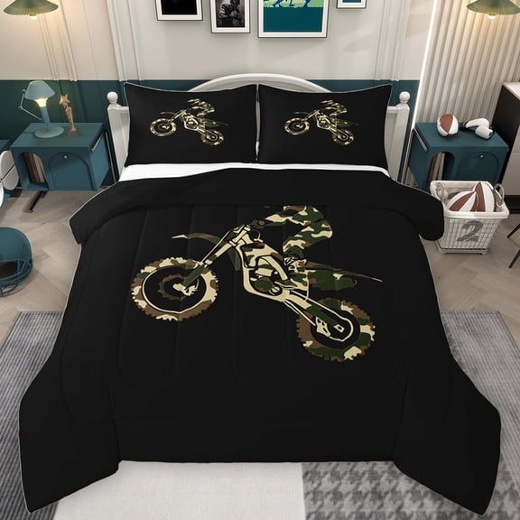 Manfei Modern Motorcycle Player Bedding Comforter Set, Camo Dirt Bike Twin Comforter Sets, Teens Kids Boys Girls Reversible Bedding Set, Microfiber Bedroom Decor, 2 Pieces