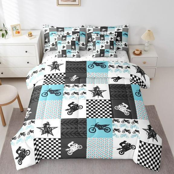 Manfei Modern Motorcycle Print Bedding Comforter Set 7pcs, Checkered Flag Queen Bedding Sets, Dirt Bike Lover Reversible Queen Sheet Sets, Lightweight Room Decor
