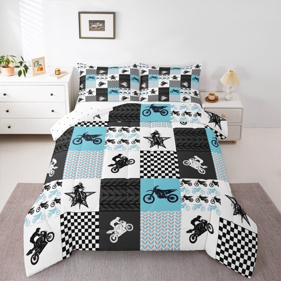 Manfei Modern Motorcycle Print Queen Comforter Set, Checkered Flag Bedding Sets, Dirt Bike Lover Reversible Bedding Comforter Set, Lightweight Room Decor, 3-Piece