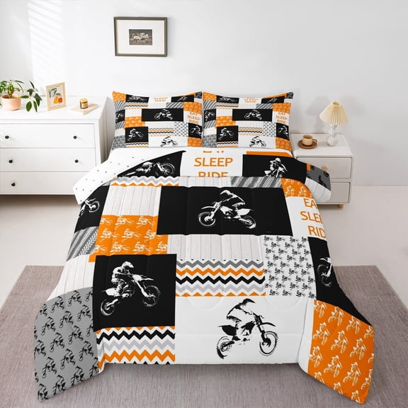 Manfei Modern Motorcycle Print Queen Comforter Set for Kid, Est Sleep Sports Bedding Sets, Dirt Bike Lover Reversible Bedding Comforter Set, Ultra Soft Home Decor, 3pcs