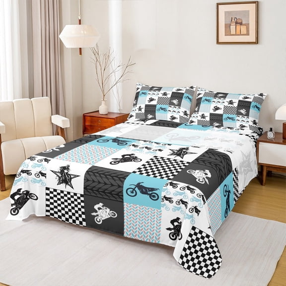 Manfei Modern Motorcycle Print Twin Sheet Sets, Checkered Flag Twin Fitted Sheet, Dirt Bike Lover Flat Sheet, Lightweight Room Decor, 3-Piece