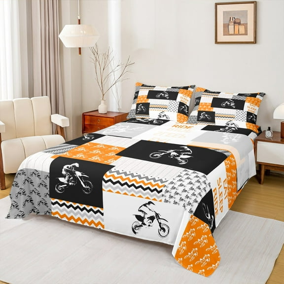Manfei Modern Motorcycle Print Twin Sheet Sets for Kid, Est Sleep Sports Twin Fitted Sheet, Dirt Bike Lover Flat Sheet, Ultra Soft Home Decor, 3pcs