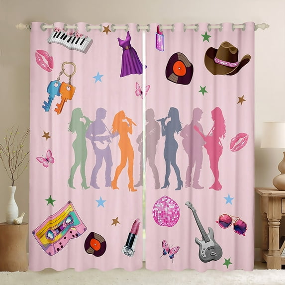 Manfei Modern Musician Print Black Out Curtains for Kids, Pink Disco Ball Curtains Pack of 2 (42x63 Each), Hip Hop Music Bedroom Curtains, Living Room Curtains Decor