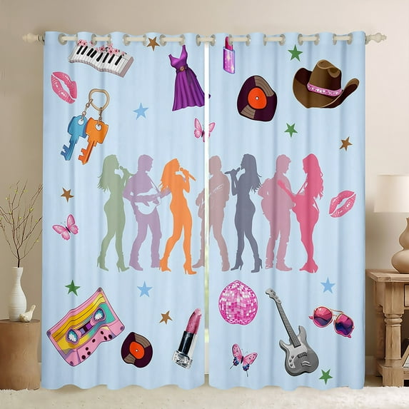 Manfei Modern Musician Print Blackout Curtains Set of 2 (52x84 Each) for Kids, Blue Disco Ball Window Curtains, Hip Hop Music Curtains and Drapes, Window Curtains Room Decor