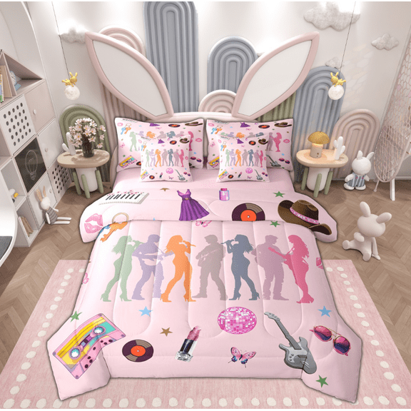 Manfei Modern Musician Print Twin Bedding Sets 7-Piece for Kids, Pink Disco Ball Bedding Comforter Set, Hip Hop Music Reversible Sheet Sets, Ultra Soft Home Decor