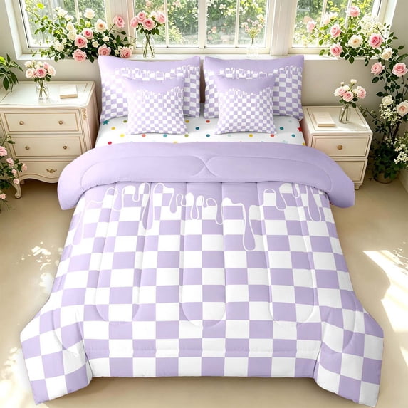 Manfei Modern Plaid 7-Piece King Bedding,Contemporary Checkered King Bed in a Bag,Purple White,Polkadot Reversible