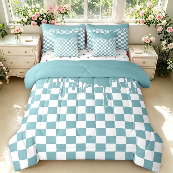 Manfei Modern Plaid 7-Piece King Bedding,Contemporary Checkered King Bed in a Bag,Teal Blue,Polkadot Reversible