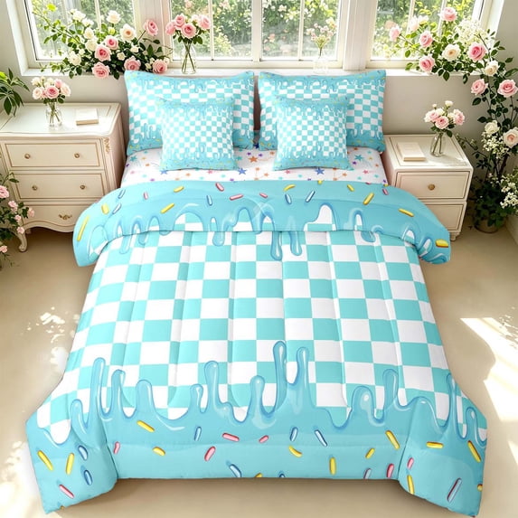 Manfei Modern Plaid 7-Piece Twin Bedding,Glossy Drip Bedding Comforter Set,Teal Blue,Colorful Stars Reversible