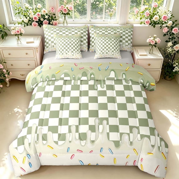 Manfei Modern Plaid 7pcs Queen Bedding,Glossy Drip Bedding Comforter Set Queen,Green Beige White,Light Gray Reversible