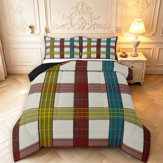 Manfei Modern Plaid Full Size Comforter Sets,Contemporary Checkered Bedding Comforter Set,Beige Red Blue,Black Reversible,3 Pieces,1 Comforter and 2 Pillowcases,3 Pieces,1 Comforter and 2 Pillowcases