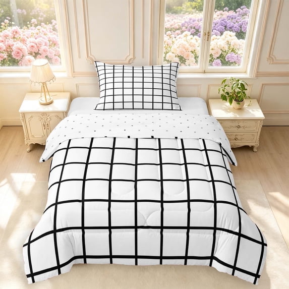 Manfei Modern Plaid Twin Comforter Sets,Contemporary Grid Bedding Set,White Black,Reversible,2-Piece,1 Comforter and 1 Pillowcase,2-Piece,1 Comforter and 1 Pillowcase