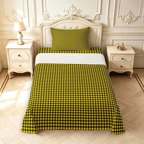 Manfei Modern Plaid Twin Sheets,Contemporary Checkered Bedding,Yellow Black,3-Piece,1 Flat Sheet,1 Fitted Sheet and 1 Pillowcase