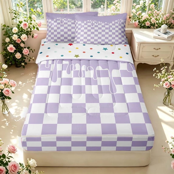 Manfei Modern Plaid Zipper Full Size Comforter Sets with Fitted Sheet and 2 Pillowcases,Contemporary Checkered Zipper Bedding Set,Purple White,Polkadot Reversible,4pcs
