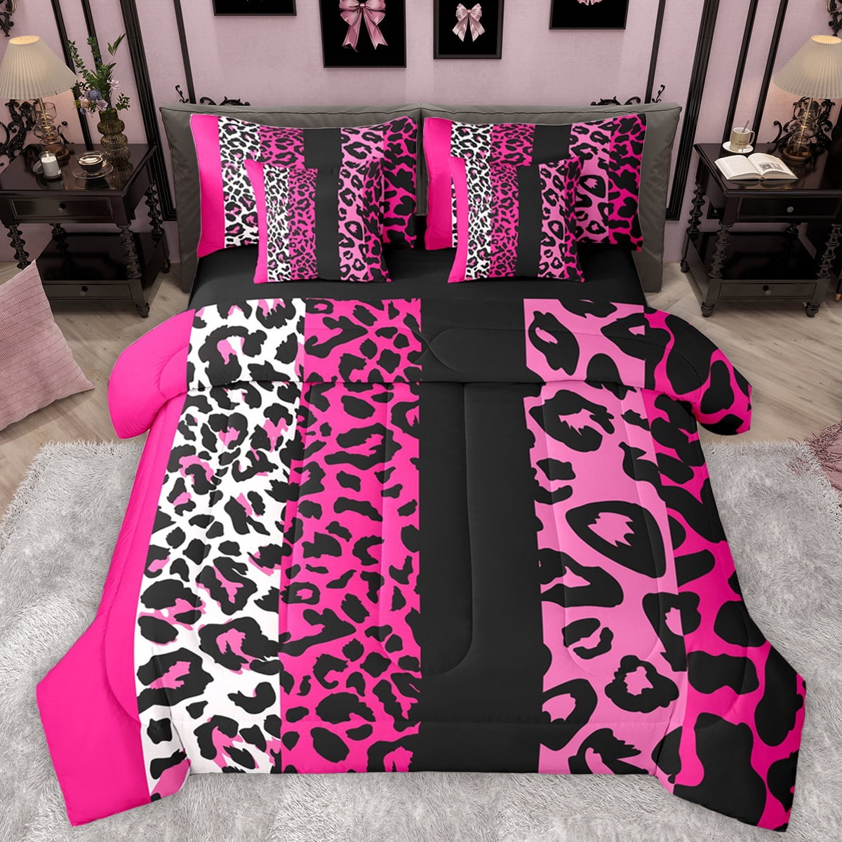 Reversible Sheets Manfei 7-Piece Polkadots King Bedding Set, Hot Pink Leopard Cheetah ...