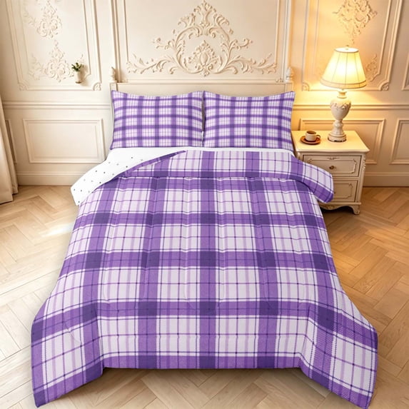Manfei Modern Purple White Checkered Queen Comforter Set,Geometric Check Comforter Sets Queen,Reversible,3pcs,1 Comforter and 2 Pillowcases,3pcs,1 Comforter and 2 Pillowcases