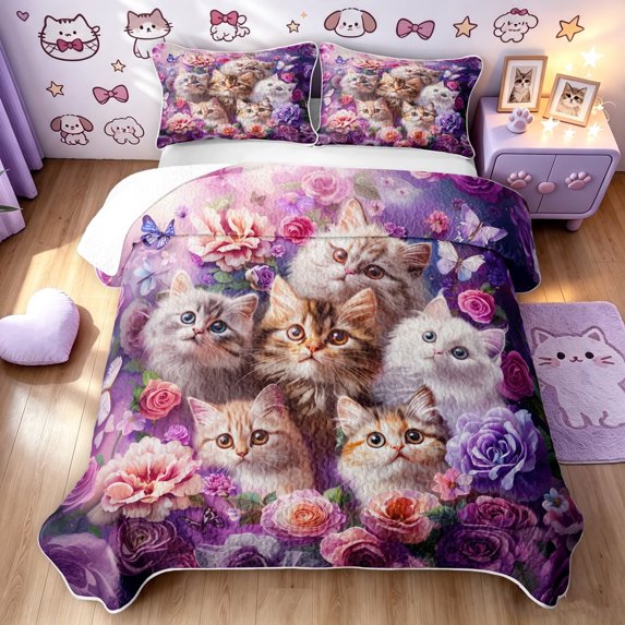 Manfei Modern Rose Pet Bed Spread Queen, Kawaii Cat Print Queen Coverlet Set, Purple, 3pcs, 1 Quilt and 2 Pillowcases