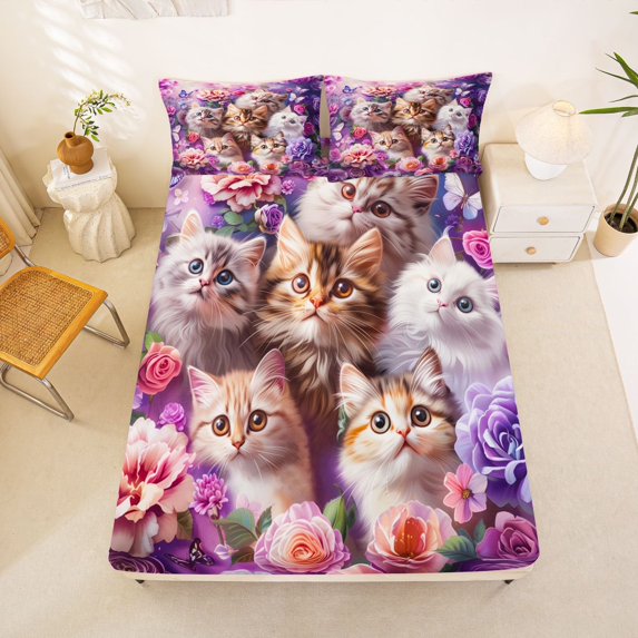 Manfei Modern Rose Pet Fitted Sheet Queen, Kawaii Cat Print Bedding, Purple, 3pcs, 1 Fitted Sheet and 2 Pillowcases