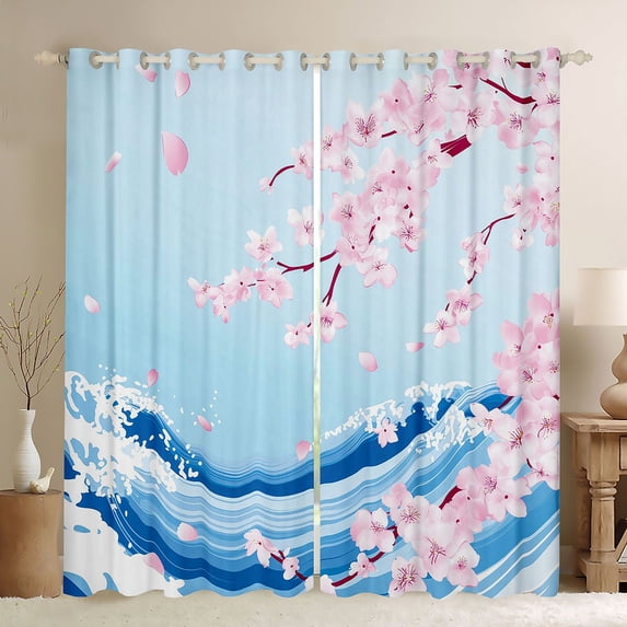 Manfei Modern Sakura Black Out Curtains for Girls Women, Wave Art Curtains Pack of 2 (42x63 Each), Blue Pink White