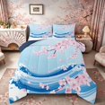 thumbnail image 1 of Manfei Modern Sakura Full Size Comforter Sets for Girls Women, Wave Art Bedding Sets, Blue Pink White, Navy Reversible 3-Piece, 1 Comforter and 2 Pillowcases, 1 of 6