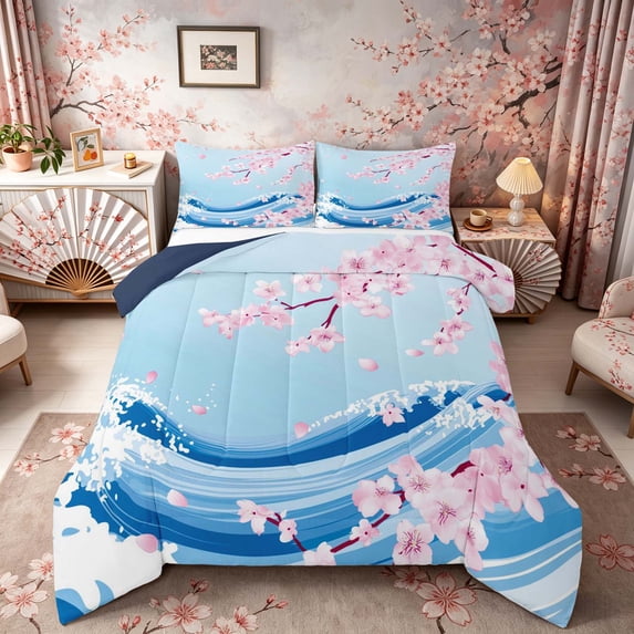 Manfei Modern Sakura Full Size Comforter Sets for Girls Women, Wave Art Bedding Sets, Blue Pink White, Navy Reversible 3-Piece, 1 Comforter and 2 Pillowcases