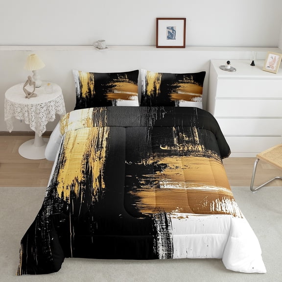 Manfei Modern Splash Ink Bedding Queen Comforter Set,Minimalsit Aesthetic Art Down Comforter,Gold Yellow Black Bedding Sets Queen with Comforter,Breathable Room Decorative Reversible,3 Pieces