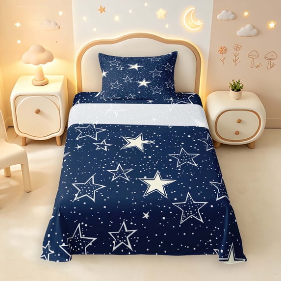 Manfei Modern Stars Twin Sheets,Galaxy Print Bedding,White Navy,3pcs,1 Flat Sheet,1 Fitted Sheet and 1 Pillowcase