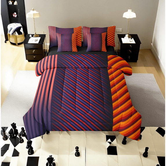 Manfei Modern Stripes Bed in a Bag Full size, Modern Geometric Bedding Sets Full Size, Chic Abstract Reversible Bedding Full Size, Microfiber Room Decor, 7 Pieces