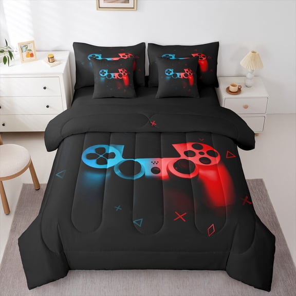 Manfei Modern VR Games Bedding Comforter Set 7pcs, Boys Cyan Red Gamepad Queen Bedding Sets, Cartoon Gaming Theme Reversible Queen Sheet Sets, Lightweight Room Decor