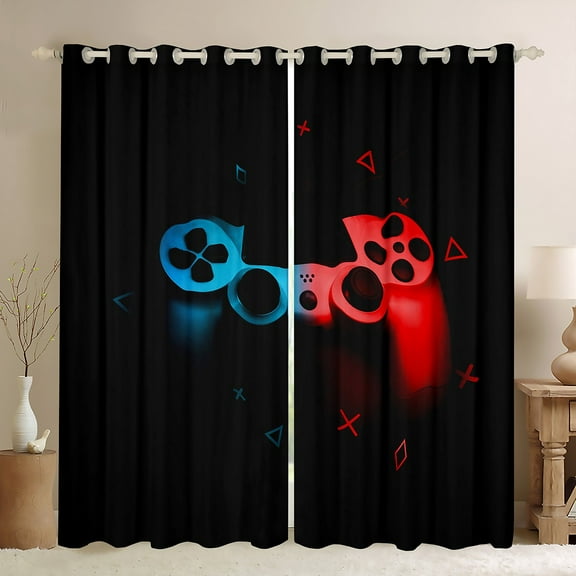 Manfei Modern VR Games Black Out Curtains, Boys Cyan Red Gamepad Curtains Pack of 2 (42x63 Each), Cartoon Gaming Theme Bedroom Curtains, Curtains and Drapes Room Decor