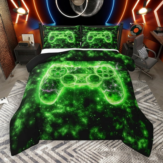 Manfei Modern Video Game Full Size Comforter Sets,Cartoon Gamepad Bedding Comforter Set,Green Black Bedding Sets For Kid Boy,Lightweight Room Decorative Reversible,3-Piece