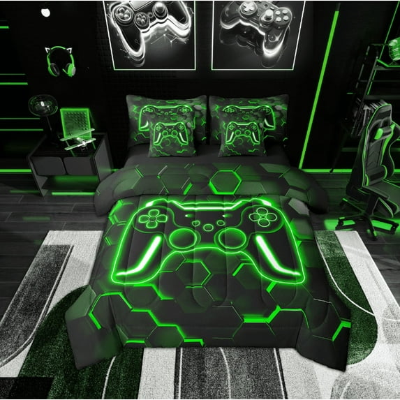 Manfei Modern Video Game Twin Bedding Sets 7-Piece,Game Gaming Bedding Comforter Set,Green Geometric Honeycomb Sheet Sets For Boys Girls,Super Cozy Bedroom Decoration,Reversible