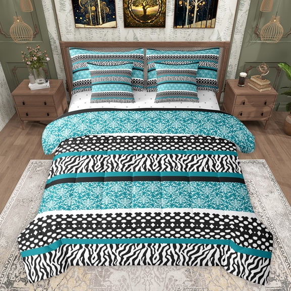 Manfei Modern Zebra Print Twin Bedding Sets 7-Piece for Women, Western Damask Flower Bedding Comforter Set, Hippie Abstract Cyan Reversible Sheet Sets, Microfiber Bedroom Decor