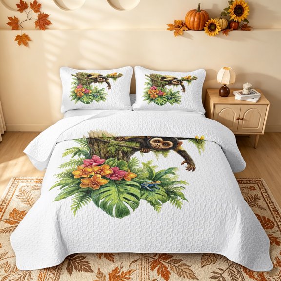 Manfei Monkey Tropical Bed Spread Queen, Jungle Floral Queen Coverlet Set, White Green, Polkadot Reversible, 3pcs, 1 Quilt and 2 Pillowcases