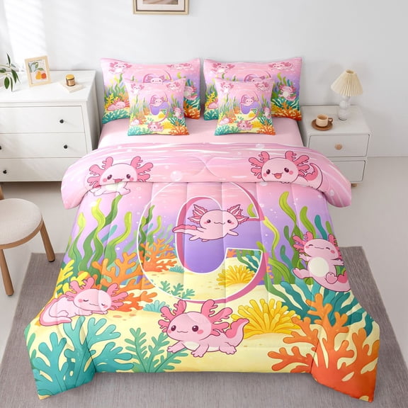 Manfei Monogram C Graphic 7-Piece Twin Bedding,Cute Axolotl Bedding Comforter Set,Pink,Pink Reversible