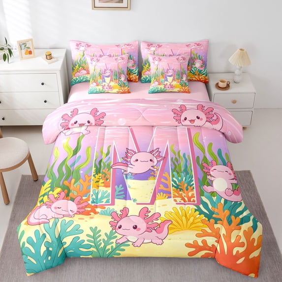 Manfei Monogram M Graphic 7pcs Queen Bedding,Sweet Axolotl Bedding Comforter Set Queen,Pink,Pink Reversible