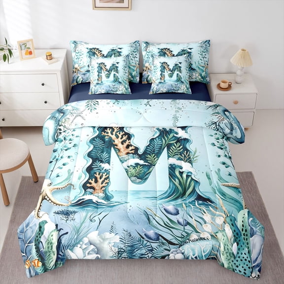 Manfei Monogram M Graphic 7pcs Queen Bedding,Sweet Ocean Animals Bedding Comforter Set Queen,Multicolor,Navy Blue Reversible