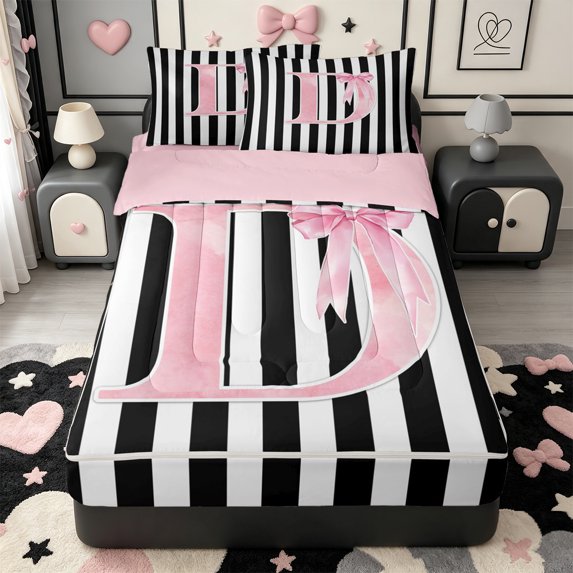 Manfei Monogram Print D Zipper Queen Comforter Set with Fitted Sheet and 2 Pillowcases,Cute Coquette Bow Zipper Bedding Set,Pink Reversible,4-Piece