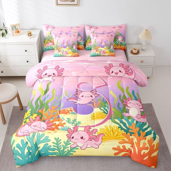 Manfei Monogram S Print 7-Piece King Bedding,Cheerful Axolotl King Bed in a Bag,Pink,Pink Reversible