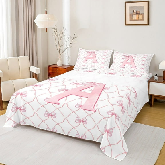 Manfei Monogrammed A Bed Sheets Twin,Ribbon Bowknot Bedding Twin Size,Pink White Sheet Set Twin,Microfiber Room Decorative,3 Pieces