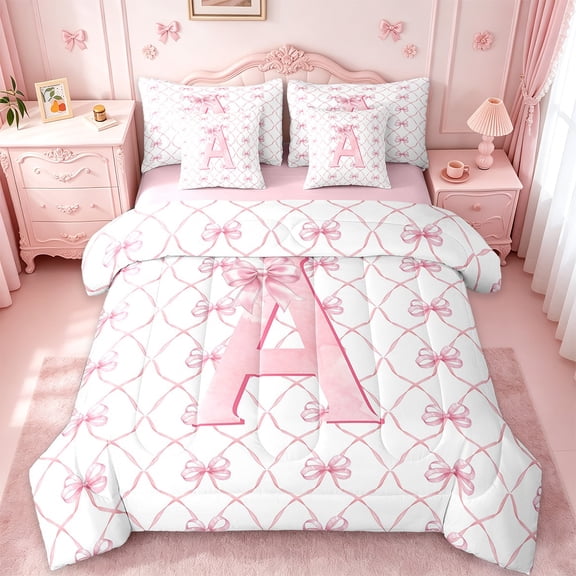Manfei Monogrammed A Bed in a Bag King Size,Ribbon Bowknot Bed Set,Pink White Bedding King Size,Microfiber Room Decorative Reversible,7 Pieces