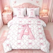 Manfei Monogrammed A Bed in a Bag Twin Size,Ribbon Bowknot Bed Set,Pink White Bedding Twin Size,Microfiber Room Decorati