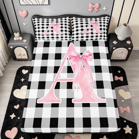 Manfei Monogrammed A Design Fitted Sheet Full,Geometric Grid Print Bed Set,3-Piece,1 Fitted Sheet and 2 Pillowcases