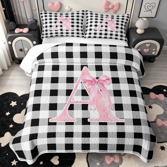 Manfei Monogrammed A Design Quilt Full,Geometric Grid Print Full Bedspread Sets,3-Piece,1 Coverlet and 2 Pillowcases