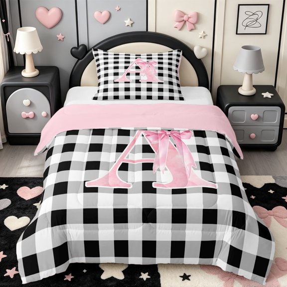 Manfei Monogrammed A Design Twin Comforter Sets,Geometric Grid Print Bedding Set,Pink Reversible,2pcs,1 Comforter and 1 Pillowcase