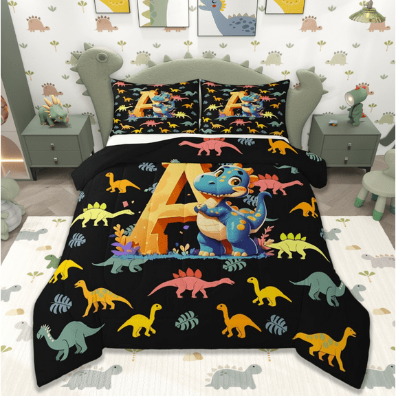 Manfei Monogrammed A Bedding Comforter Set,Zoo Animal Dinosaur Twin Comforter Sets,Black Yellow Bedding Set,Microfiber Room Decorative Reversible,2pcs