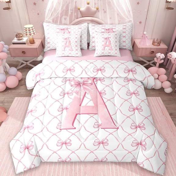 Manfei Monogrammed A Bedding Full Size,Ribbon Bowknot Comforter Sets with Sheets,Pink White Bedding Sets Full Size,Microfiber Room Decorative Reversible,7pcs