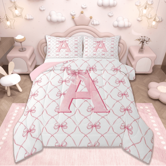 Manfei Monogrammed A Bedding Sets Full with Comforter,Ribbon Bowknot Duvet Insert,Pink White Comforter Sets Full Size,Microfiber Room Decorative Reversible,3pcs