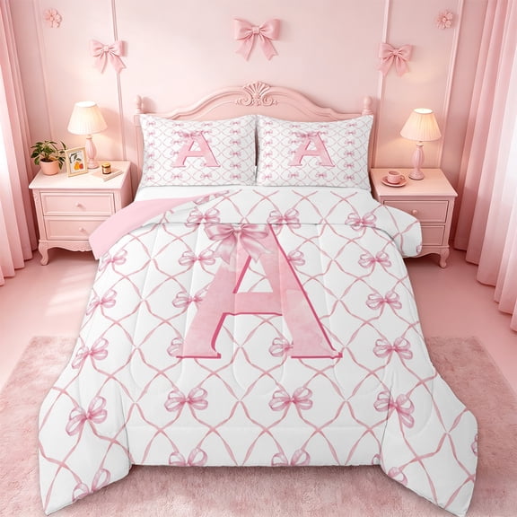 Manfei Monogrammed A Bedding Twin Comforter Set,Ribbon Bowknot Down Comforter,Pink White Bedding Sets Twin with Comforter,Microfiber Room Decorative Reversible,2 Pieces